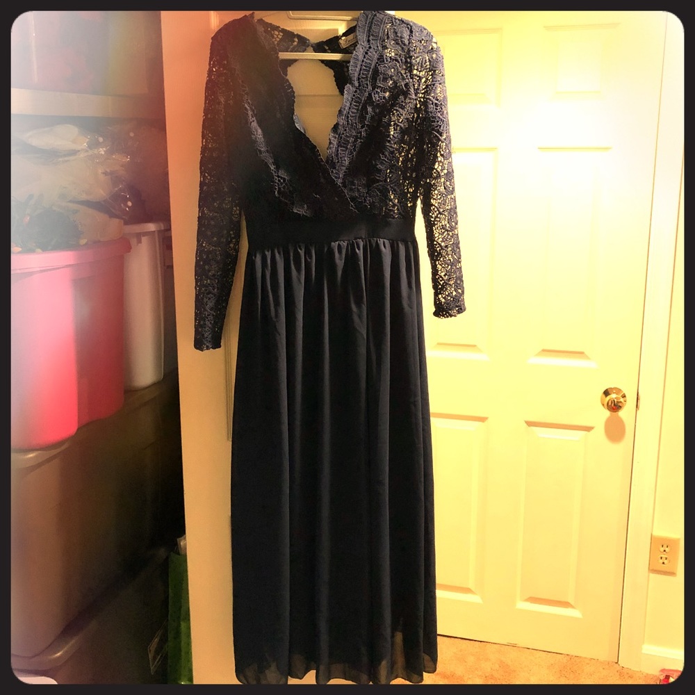 Navy long lace and sheer bridesmaid dress